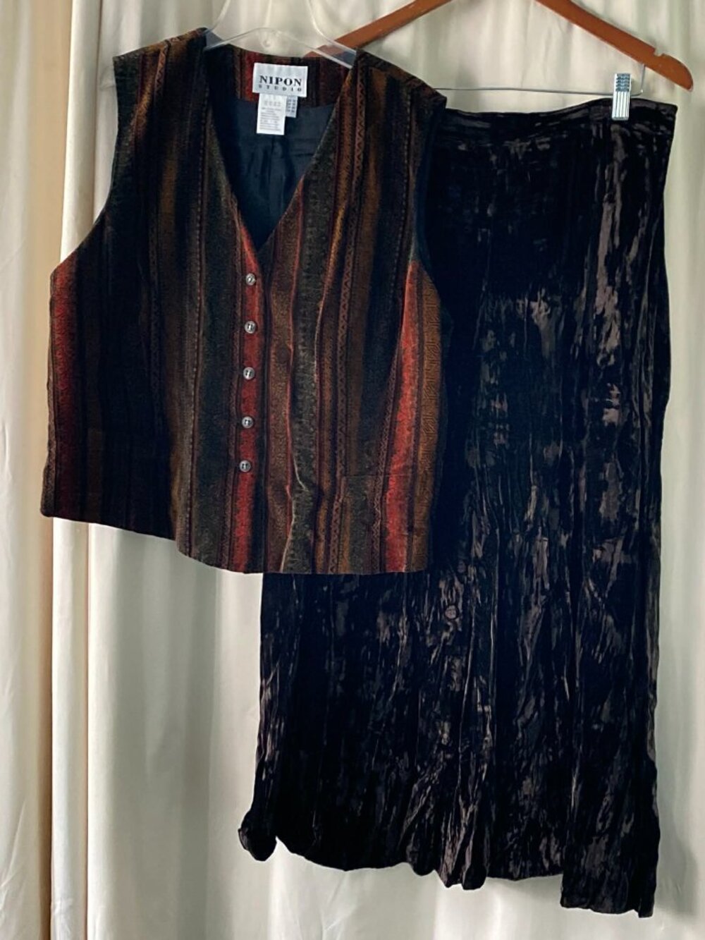 Nipon Studio 2PC Vest & Skirt Set Size 16 Boho Striped Velvet Vintage Style